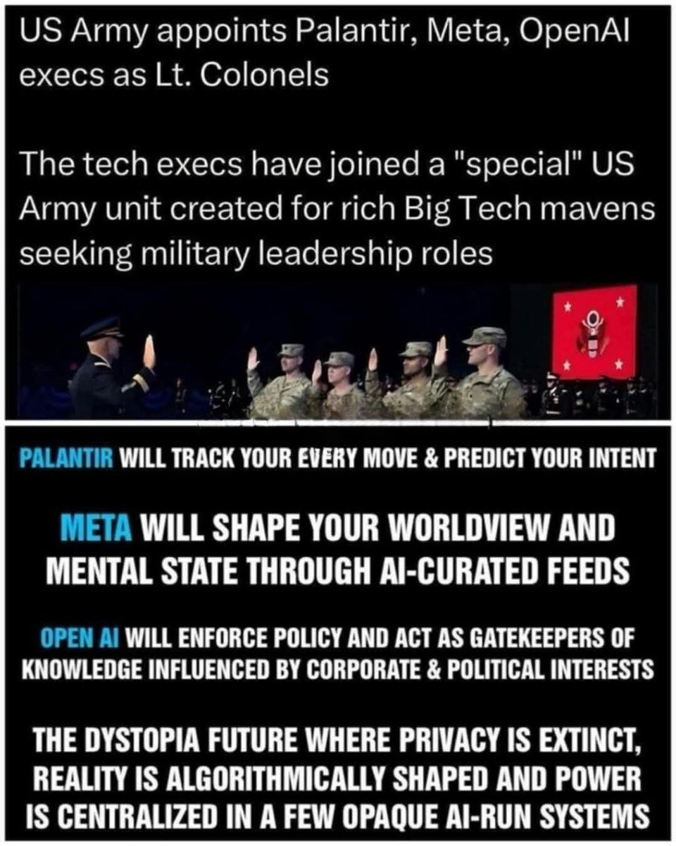 RealWhiteRa66it's tweet photo. @__An6el__ 🚨🇺🇸 U.S. ARMY HAS APPOINTED PALANTIR, META, &amp; OPEN A.I. BIG TECH EXECUTIVES AS LT. COLONELS

CREATED UNDER TRUMP NAMED “OPERATION DETACHMENT 201” 👀

https://t.co/RaWiECjqYC https://t.co/GW37c9a4CK