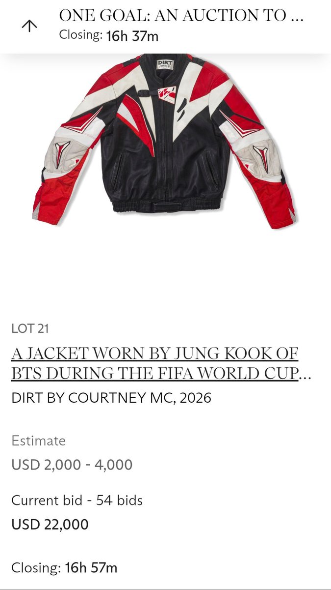 JungkookCanada_'s tweet photo. With 16 hours left in the auction, Jungkook's jacket has reached a bid of $22,000. https://t.co/gjGcN7JNDD