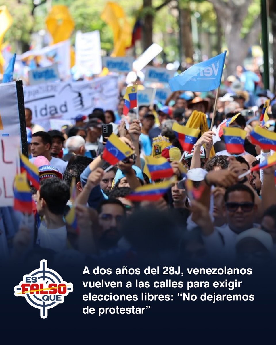 EsFalsoQue's tweet photo. Con banderas nacionales, pancartas y consignas como “¡Elecciones ya!” y “No dejaremos de protestar hasta que Venezuela sea libre”, los manifestantes recorrieron las inmediaciones del Centro Lido y otros puntos de la capital para recordar la jornada electoral de 2024. #28J https://t.co/0oeYsgYjAV