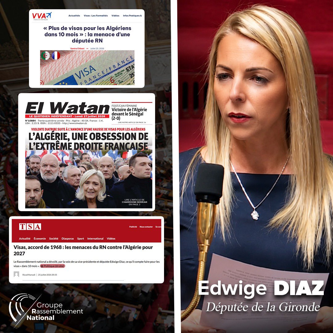 diaz_edwige's tweet photo. 🇩🇿 Suspension des visas : Alger panique !

👉 Depuis mon intervention à l'Assemblée nationale, la presse du régime se déchaîne.

🔴 L'Algérie doit comprendre que la soumission macroniste, c'est terminé !

📺 Retrouvez mon intervention sur YouTube !
➡️ https://t.co/mgdm2xZbVI https://t.co/gyMY6WXIQF