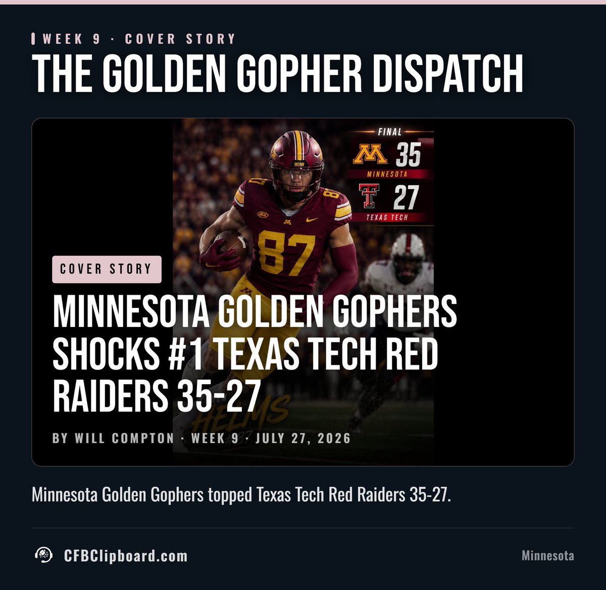 cfbclipboard's tweet photo. 🚨 Week 10 is here.

After stunning the #1 Texas Tech Red Raiders 35-27 last week, Coach A and Minnesota sent shockwaves through the Top 25.

Now Coach Leek and the #9 Red Raiders are out for redemption.

Will Texas Tech get back on track, or will another contender shake up the playoff race?

Watch @PCampbell21 Akron CFB League live tonight at 8:30 PM CST on Twitch.

👀 Every game, every ranking, every storyline is tracked on CFB Clipboard.