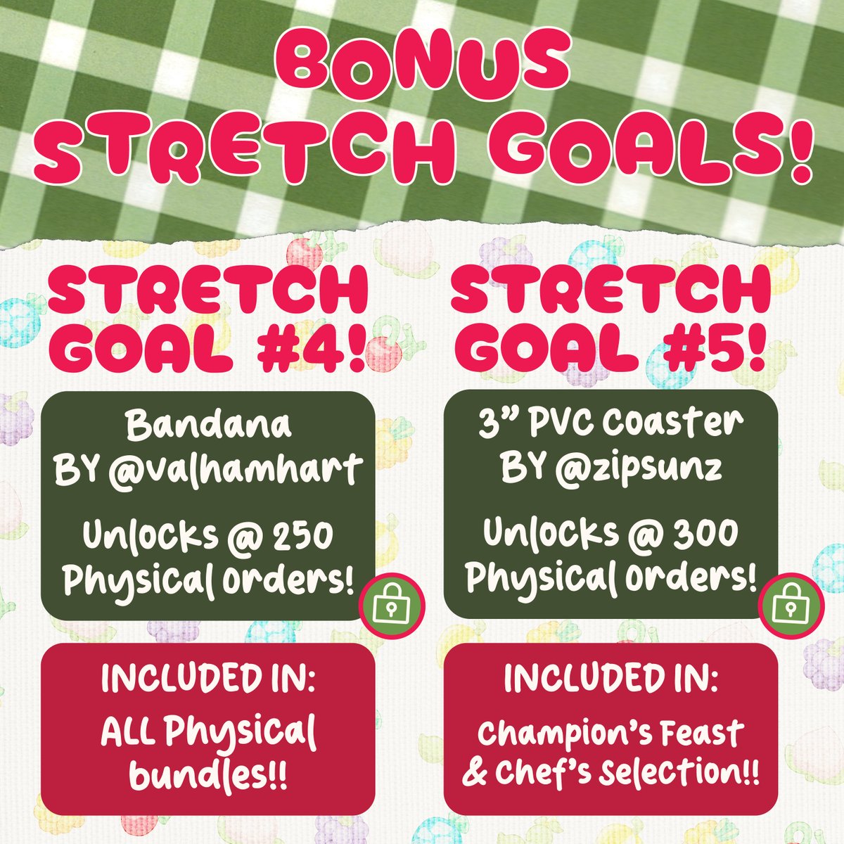 PokePlateZine's tweet photo. 💜 ADDED STRETCH GOALS 💚

Your plate looking too empty? Don't worry because we've added 2 more stretch goals to unlock! Our bandana will apply to ALL physical bundles and our coaster will apply to our half &amp; full bundles.

Sketches coming soon! 🧺

🛒 https://t.co/KPceyAaq3E https://t.co/SUGxRx3t4T