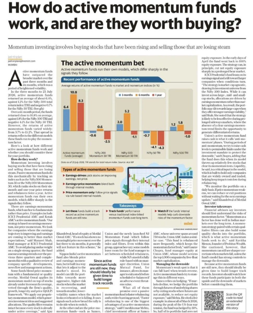 WealthEnrich's tweet photo. Interesting piece on @livemint by Jash Kriplani. Do read it. One key idea that is worth a deeper thought is that momentum isn't always about chasing price. 
Improving earnings, business quality & fundamentals often create the strongest momentum much before the market fully recognises it.