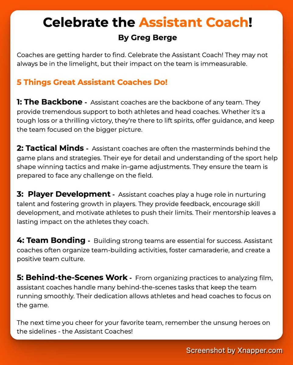 GregBerge's tweet photo. Assistant coaches are the unsung heroes.  

They develop players, build team culture, make tactical calls, and do the behind-the-scenes work that keeps everything running. 

Teams don’t succeed without them. 👏 https://t.co/C0v0s47vSk