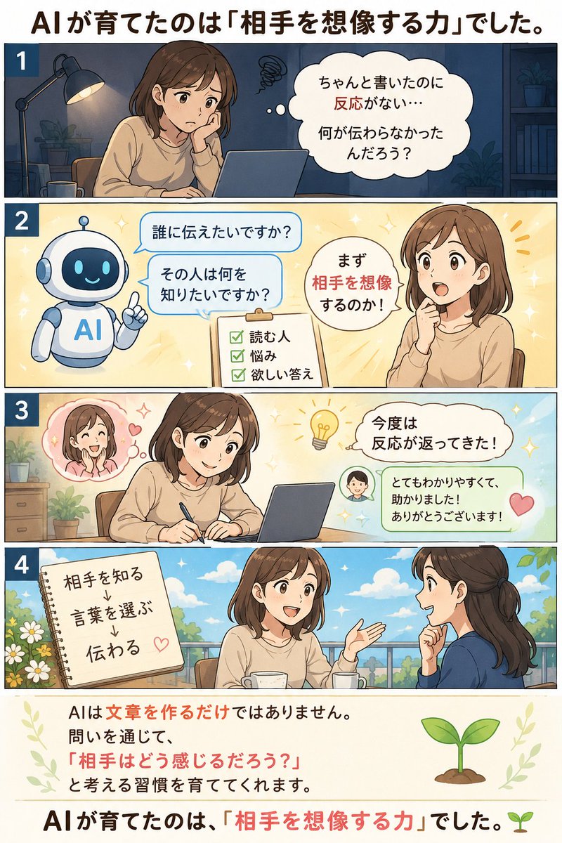 mfparallel's tweet photo. AIと話すようになって、変わったことがあります。

それは、「相手を想像する」ようになったこと。

以前は、「何を伝えるか」を考えることが多かったのですが、

AIから
「誰に伝えたいですか？」
「その人は何を知りたいですか？」
と問い返されるたびに、

自然と「相手はどう受け取るだろう？」という視点で考えるようになりました。

すると、不思議と仕事の説明やSNSの発信、日常の会話まで変わってきました。

「伝える」と「伝わる」は違う。

その違いを意識するだけで、言葉はもっと相手に届くようになります。

AIは文章を作る存在ではなく、
相手目線で考える習慣を育ててくれるパートナー。

AIが育てたのは、「相手を想像する力」でした😊🌱