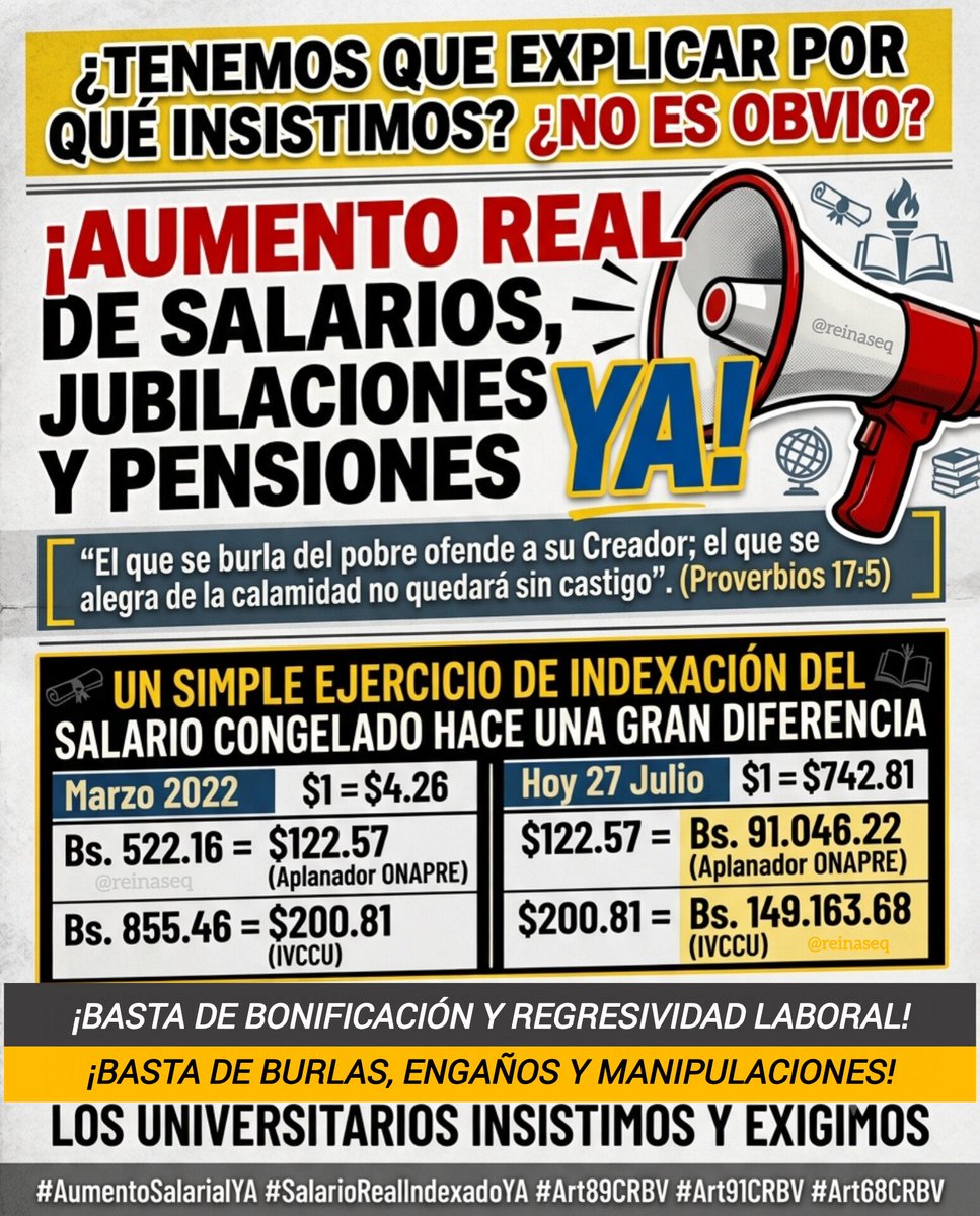 reinaseq's tweet photo. 🚨 ¿TENEMOS Q EXPLICAR POR Q INSISTIMOS? ¿NO ES OBVIO? || UN SIMPLE EJERCICIO DE INDEXACIÓN DEL SALARIO CONGELADO HACE UNA GRAN DIFERENCIA ¡SOLUCIONES REALES SON MUY URGENTES!

📢 ¡LOS UNIVERSITARIOS EXIGIMOS AUMENTO SALARIAL REAL SEGÚN #Art89y91CRBV #AumentoSalarialYA #Art68CRBV https://t.co/p03ow5kTLV