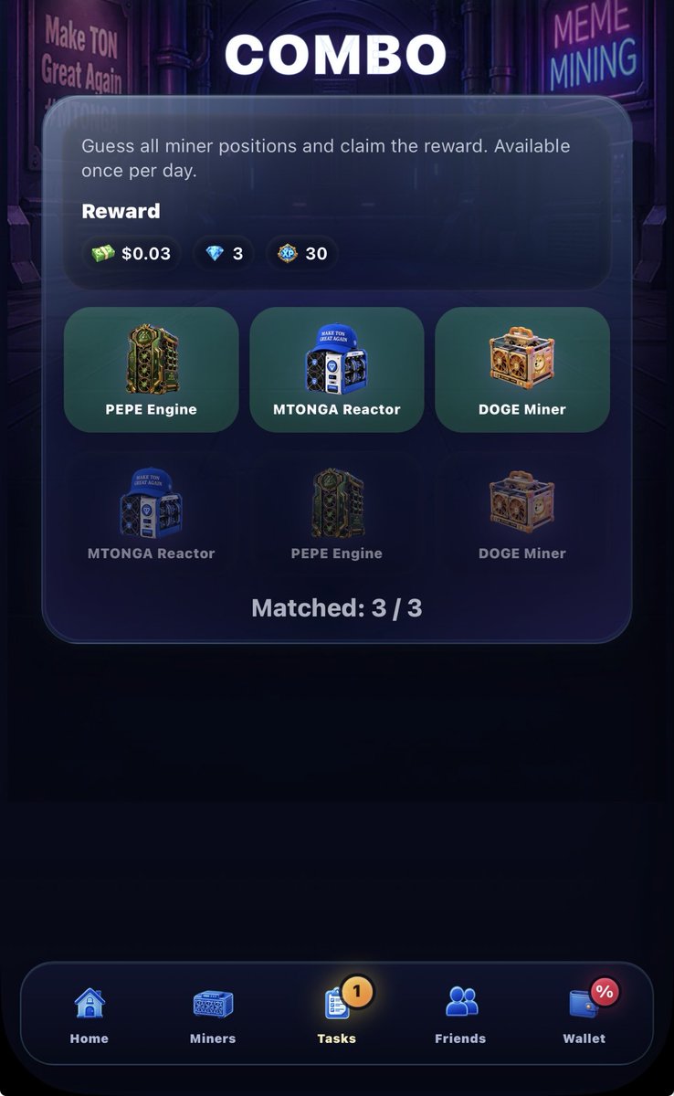 MemeMiningHub's tweet photo. ⚡ Daily Combo Is Here!
Small tasks, steady progress. 🚀
💎 Gems ⚡ XP 💰 Rewards
Complete today's combo and keep moving forward. ⛏️🔥
#TON #GameFi https://t.co/eVx7oGjqaU