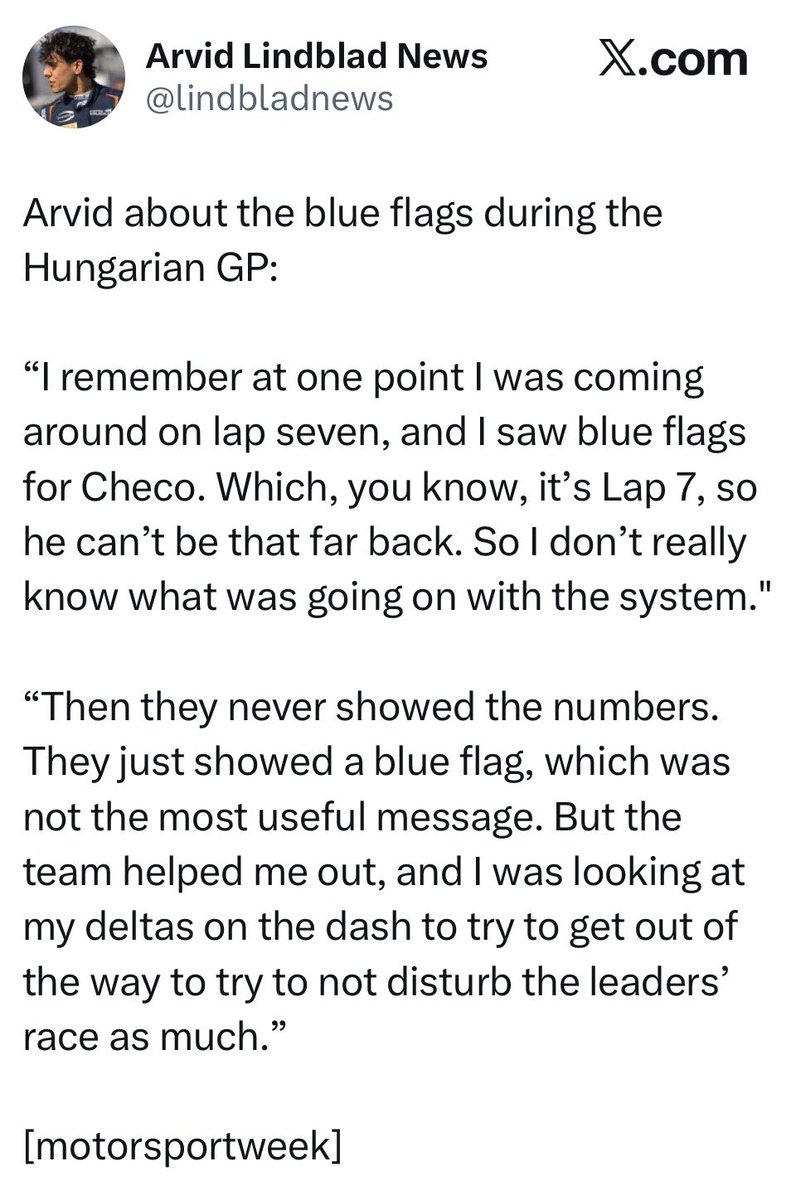HaydeeF14's tweet photo. It gets to a point when Arvid, Lando, Kimi, and Stella all complain about the blue flags that only hate can explain people refusing to acknowledge that. https://t.co/6yFwMGmVAm