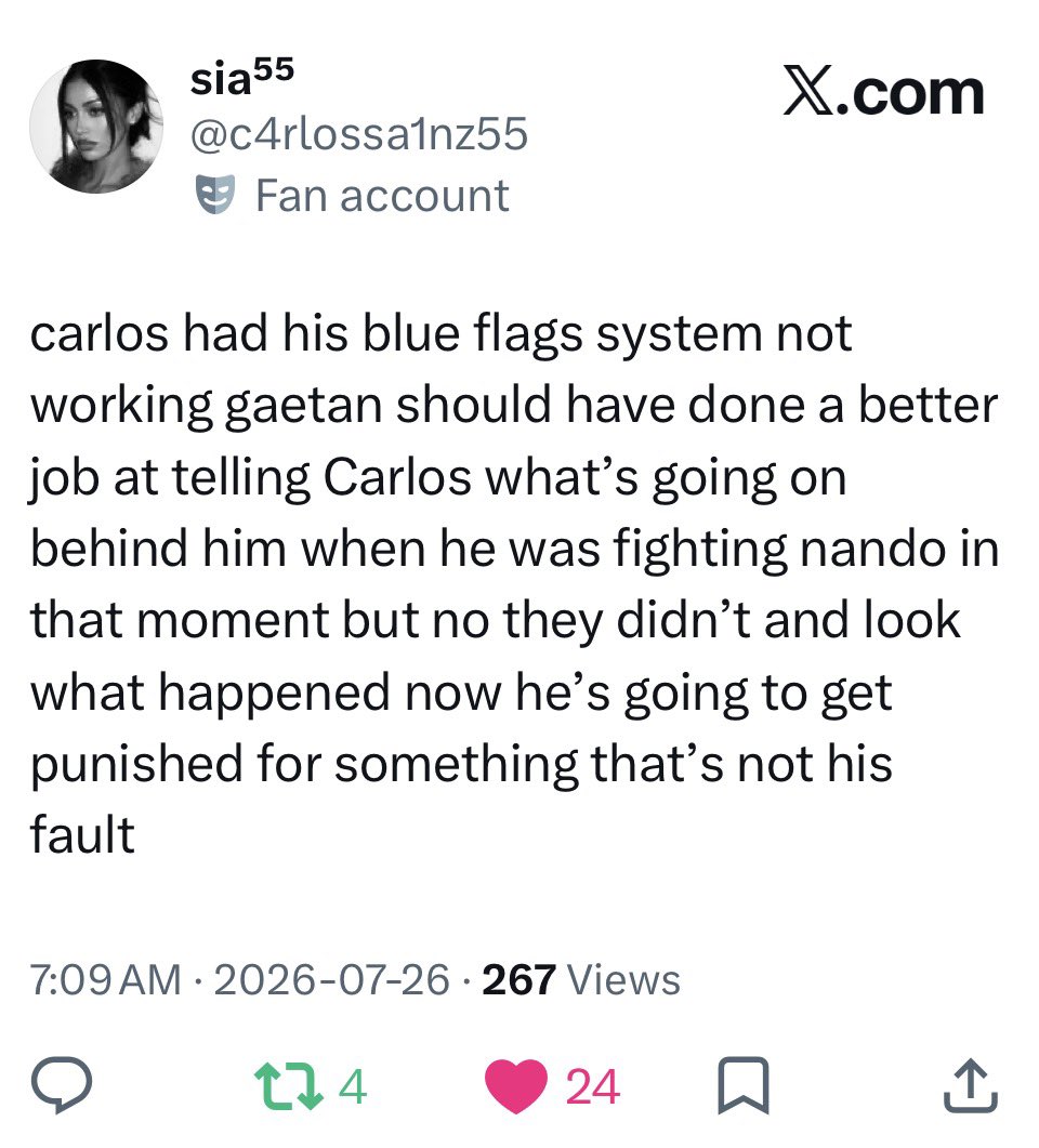 HaydeeF14's tweet photo. It gets to a point when Arvid, Lando, Kimi, and Stella all complain about the blue flags that only hate can explain people refusing to acknowledge that. https://t.co/6yFwMGmVAm