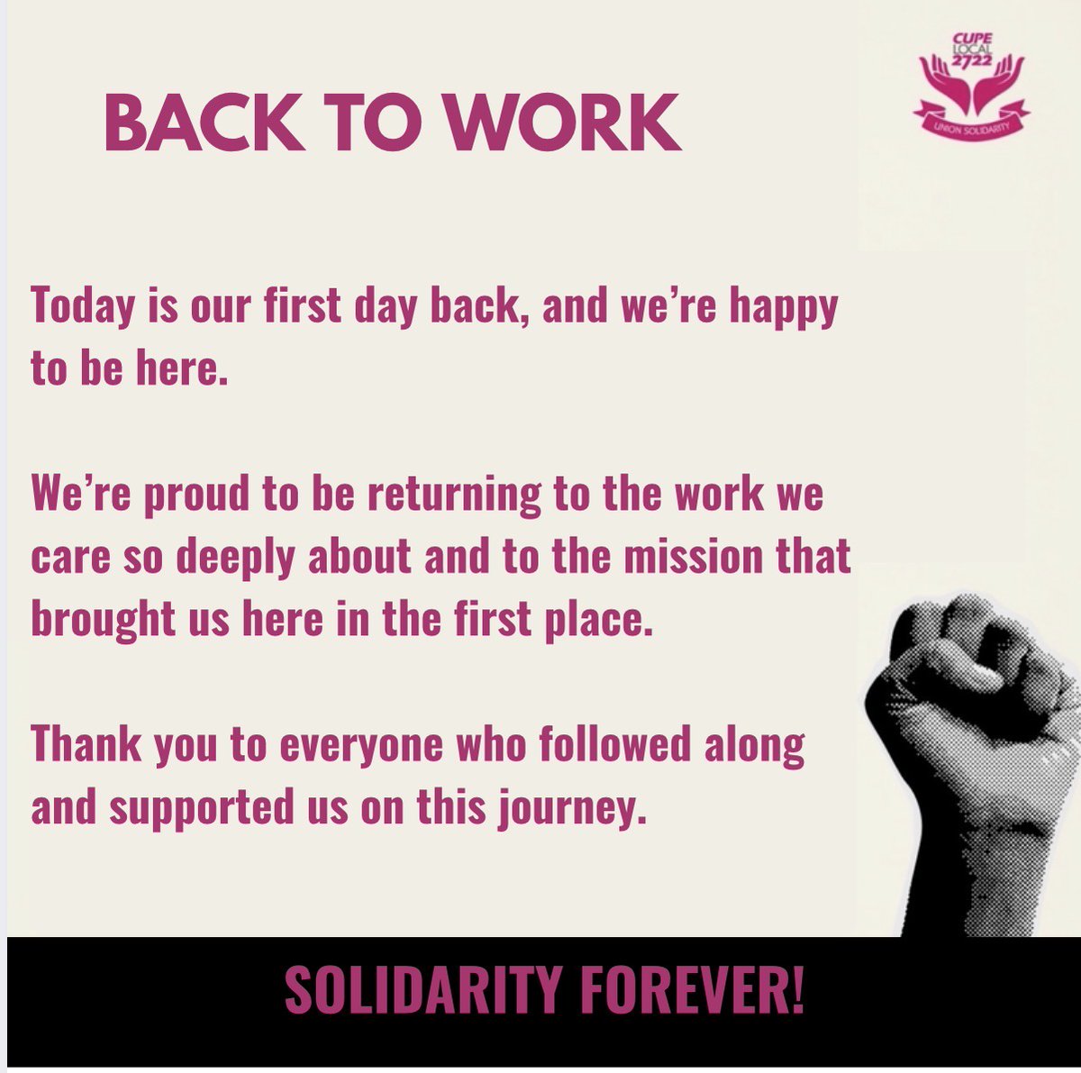 CUPELocal2722's tweet photo. 📢 Members of CUPE Local 2722 are excited to be back at work today!

Thank you to everyone who has supported us on this journey ✊ https://t.co/oSNIxYnE5U