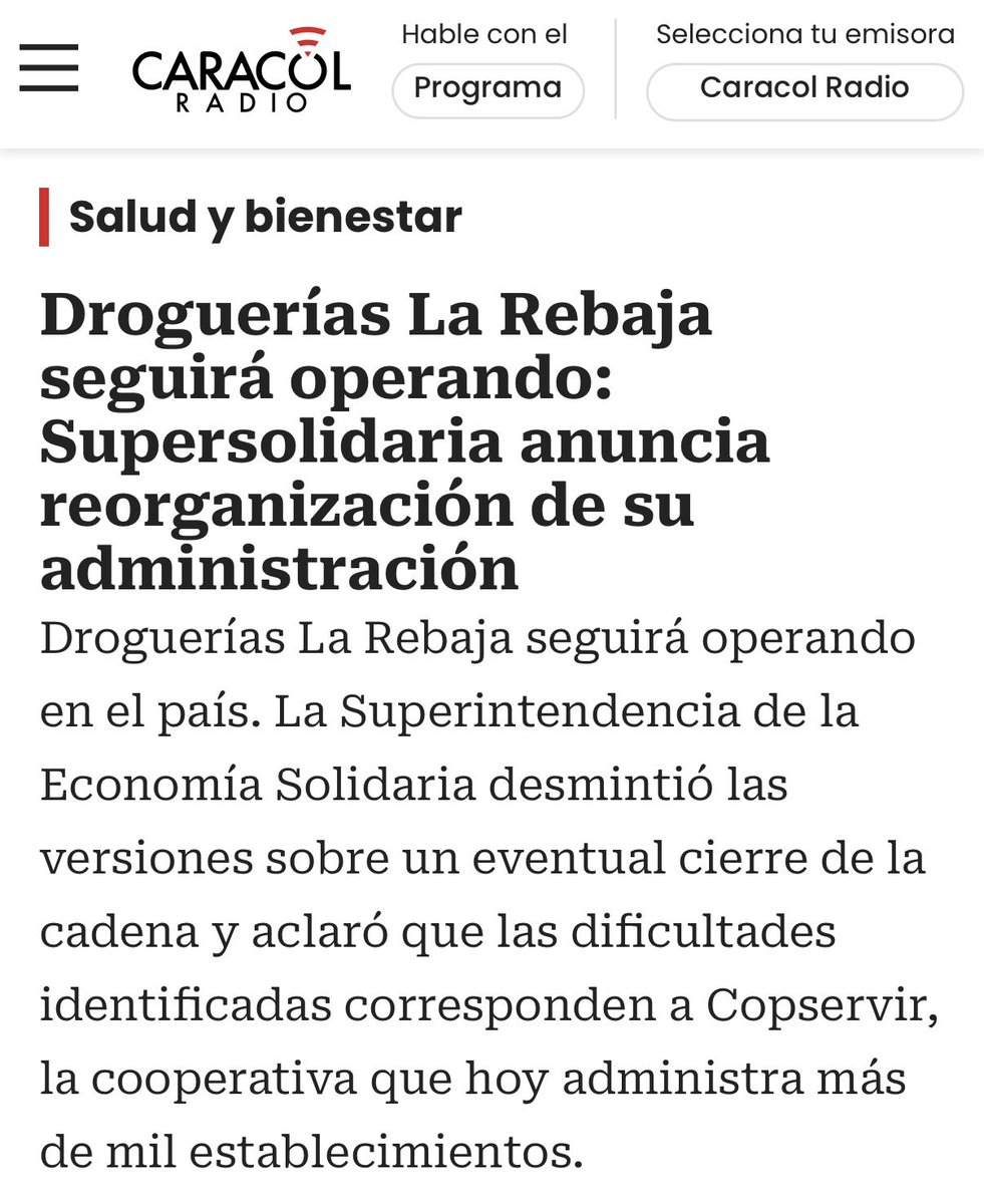 supersolidaria_'s tweet photo. #EnMedios | La Supersolidaria envió un mensaje de tranquilidad a trabajadores, proveedores y usuarios de Droguerías La Rebaja.

👇🏽Lee la noticia completa aquí:
https://t.co/X7GFPHNYBG https://t.co/ZX4GzWRhNR