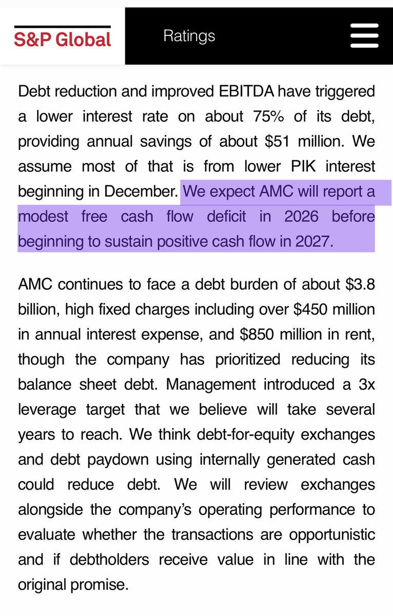 trvsrdrgz2's tweet photo. Did I just hear S&amp;P GLOBAL Upgraded $AMC Credit Quality from CCC+ to B- ? 

“We Expect AMC will Report Free Cash Flow Deficit in 2026 before beginning to sustain POSITIVE CASH FLOW IN 2027” 

Ain’t a Damn Peep from yall shills 😆 https://t.co/u69TKbEk8S