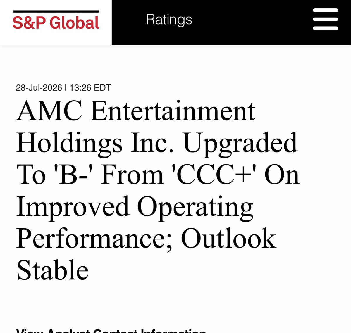 trvsrdrgz2's tweet photo. Did I just hear S&amp;P GLOBAL Upgraded $AMC Credit Quality from CCC+ to B- ? 

“We Expect AMC will Report Free Cash Flow Deficit in 2026 before beginning to sustain POSITIVE CASH FLOW IN 2027” 

Ain’t a Damn Peep from yall shills 😆 https://t.co/u69TKbEk8S