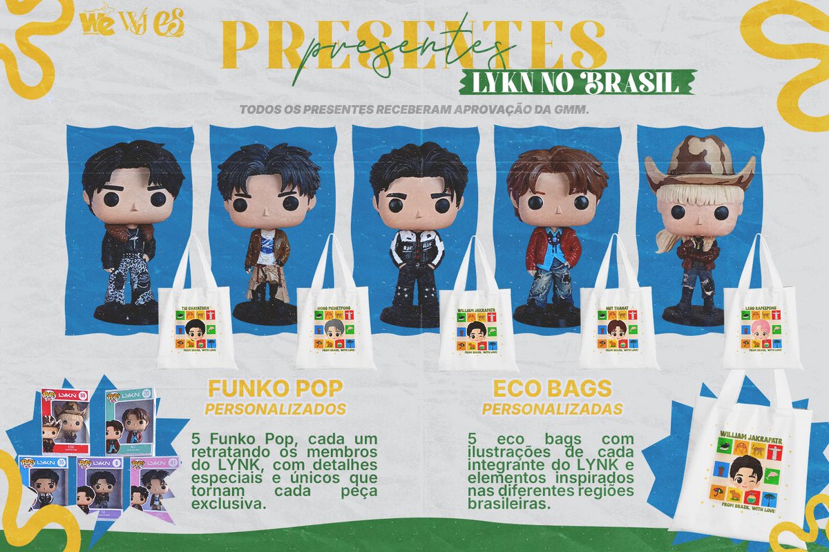 Willestsuportbr's tweet photo. 🇧🇷🎁 Com muito carinho, apresentamos os presentes que preparamos para o LYKN durante a passagem pelo Brasil!

Cada item foi pensado para representar um pedacinho do nosso país e mostrar todo o amor que os fãs brasileiros têm por eles. 💚💛

Eles receberão:
👕 Camisas oficiais da Seleção Brasileira personalizadas com seus nomes e números.
🩴 Havaianas com pins exclusivos, representando a inicial de cada membro.
🛍️ Eco bags ilustradas com elementos inspirados nas diferentes regiões do Brasil (embalagem dos presentes).
🎁 Funko Pops personalizados, criados especialmente para retratar cada integrante com detalhes únicos.

Todos os presentes foram previamente aprovados pela GMMTV e pela FAR e serão entregues diretamente aos meninos. 

Preparados com muito cuidado e carinho, esperamos que com esses presentes eles possam levar uma lembrança especial do Brasil!!

Agradecemos de coração a todos que contribuíram e aos que ainda irão participar das arrecadações. Este projeto só foi possível graças ao apoio de vocês. Também queremos registrar que as ADMs das fanbases arcaram com mais de 80% dos custos para tornar esse sonho realidade. 

Obrigada por fazerem parte disso ❤️

#LYKN #LYKYOU #WESTIE