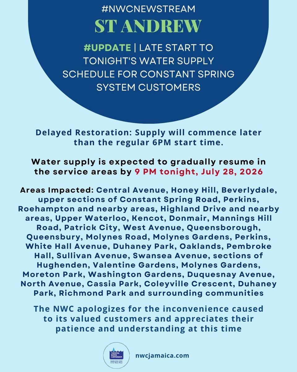 NWCjam's tweet photo. #NWCNewstream | Late Start to Tonight's Water Supply Schedule for Constant Spring System Customers.

See full release: https://t.co/kCx1uvVfCE