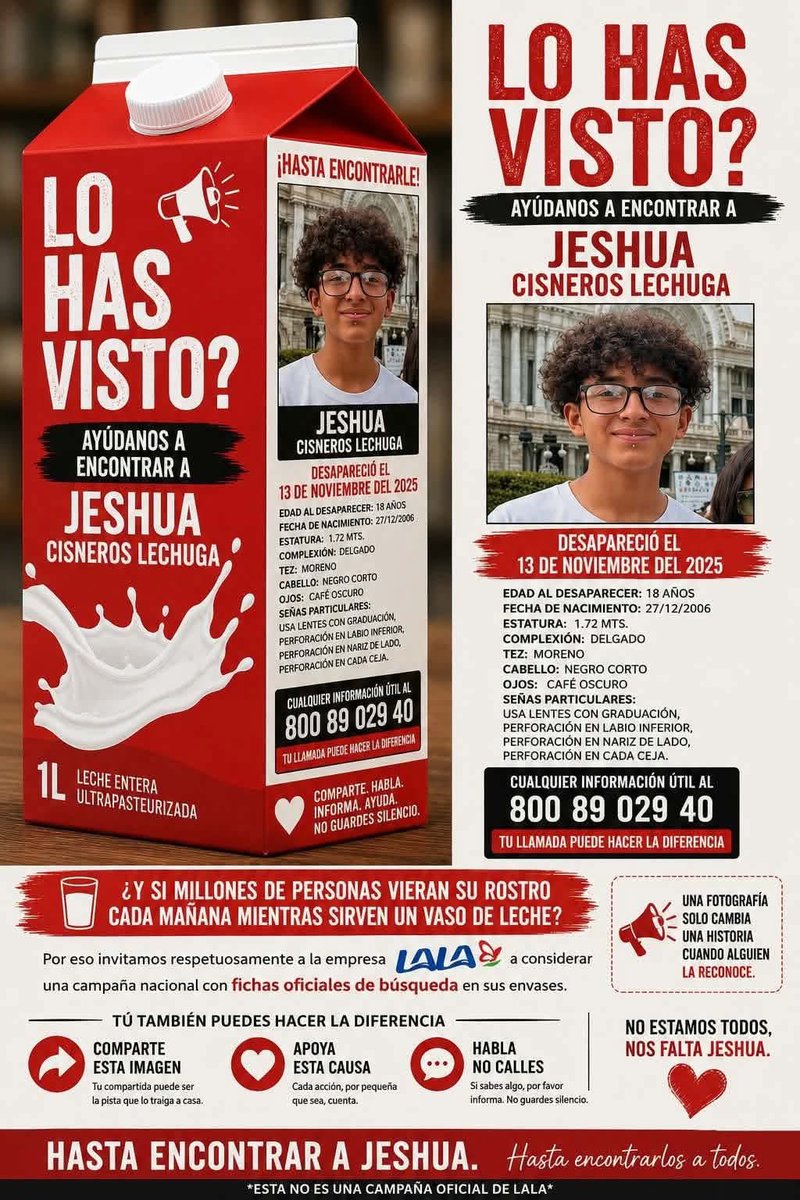 FerCruzReporter's tweet photo. ‼️BUSCAN QUE CAJAS DE LECHE #LALA LLEVEN FICHA DE DESAPARECIDOS‼️

🚨Luis Cisneros papá de Jeshua Cisneros Lechuga busca que la empresa @UnVasoDeLALA coloque en sus envases @tetrapak sean colocadas más fotografías de personas desaparecidas y ayudar así con su difusión nacional.

🚨la Petición es exclusivamente para la
Empresa @UnVasoDeLALA pues, la empresa @alpuraoficialse negó a entregar los videos de su empresa en #Cuautitlan #Izcalli #Edomex donde se presume captaron a Jeshua siendo sometido por policías de la @SS_Edomex