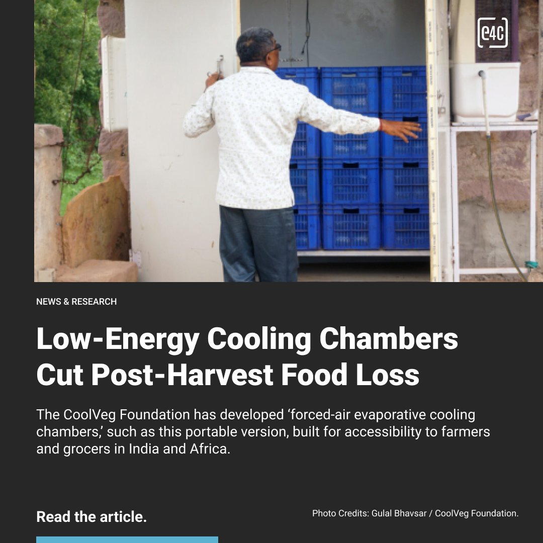 engineer4change's tweet photo. Fresh produce shouldn't go to waste. CoolVeg's low energy cooling chambers help farmers keep food fresh longer while reducing post-harvest losses. 

Read the article:
🔗https://t.co/uCbCpE7bLA 

#E4C #E4C #SustainableCooling #FoodSecurity https://t.co/YuuZdLbyds
