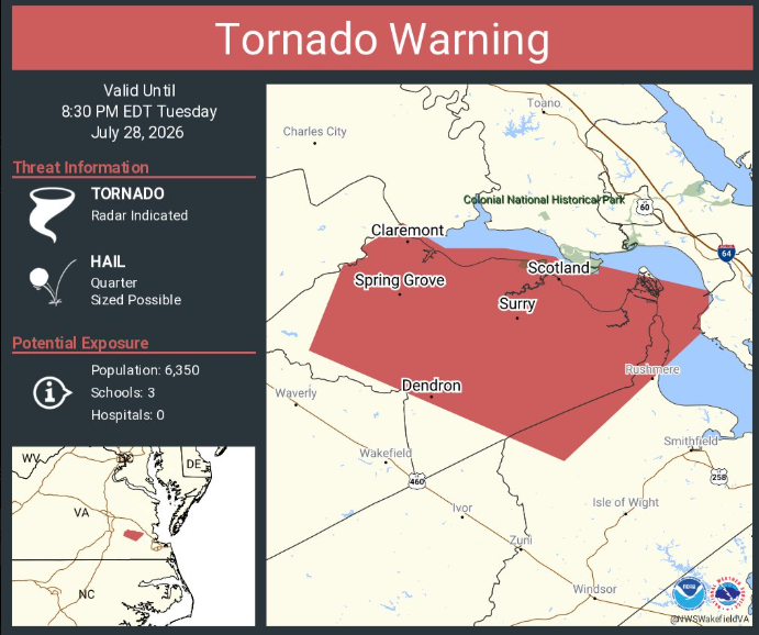 Daviddakuma's tweet photo. Tornado Warning including Claremont VA, Dendron VA and  Surry VA until 8:30 PM EDT 
Seek shelter, put as many walls as u can from the outside, stay away from windows https://t.co/Dopk5k6fef