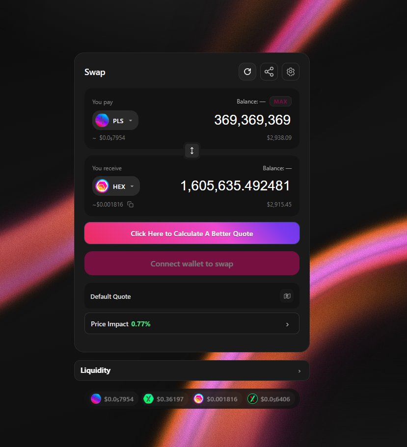 StarfireDV's tweet photo. Ready to run your own DEX aggregator on PulseChain and Ethereum?

If we get enough retweets, we'll release it TODAY, so that anyone will have access to the highest quality liquidity routes.

No Middle D. No API. Free.

Try it out now, get better rates:
https://t.co/ynpgiAWvhT https://t.co/NwcclthxOT