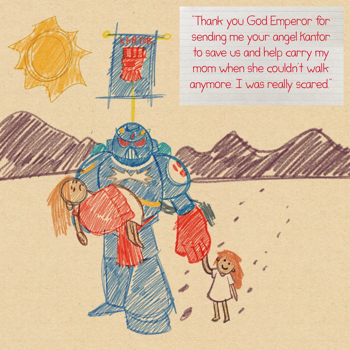 AspirantLen's tweet photo. The piece I drew of the scene from Rynn’s World with Pedro Kantor carrying the Mother with my non dominant hand to imitate a child’s drawing ended up being the most popular piece of art I’ve ever made.  🥲 https://t.co/rf93doOV8E