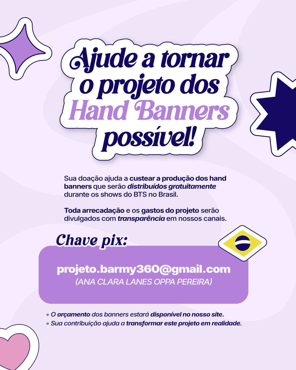 itsjeonjm's tweet photo. 💜 AJUDE O PROJETO DOS HAND BANNERS!

Queremos proporcionar um momento inesquecível para o BTS e para toda a B-ARMY durante os shows no Brasil. Nosso objetivo é produzir e distribuir 270.000 hand banners gratuitamente, sendo 90.000 unidades para cada um dos três dias de show.

📌 Até o momento, a Live Nation está ciente do projeto. No entanto, ainda não recebemos um retorno oficial sobre a logística de entrega ou sobre possíveis custos envolvidos. Fomos informados de que teremos uma resposta em breve e seguimos aguardando.

Caso seja necessário que o projeto arque com esses custos, precisamos estar preparados. Por isso, já iniciamos a arrecadação para garantir que, independentemente da decisão, possamos fazer esse projeto acontecer.

💲 O orçamento previsto para a produção dos hand banners é de R$ 37.800,00.

Sabemos que é um valor alto, mas acreditamos na força da nossa comunidade. Cada contribuição, independente do valor, nos aproxima desse objetivo e faz toda a diferença.

💸 CHAVE PIX: projeto.barmy360@gmail.com
🎟️ NOSSA RIFA: https://t.co/5gEVBCKLIm

⚠️ Importante: caso não consigamos arrecadar o valor total até a data limite para o fechamento do orçamento com a gráfica, será produzida a quantidade de hand banners correspondente ao valor arrecadado. Ou seja, todo o dinheiro recebido será destinado à produção, mesmo que isso signifique distribuir uma quantidade menor de banners.

📌 Caso a LIVE NATION custeie o projeto todo, toda arrecadação já feita será doada igualmente para todos projetos de membros e projetos beneficentes que estão em andamento atualmente.

Todo o valor arrecadado e todos os gastos do projeto serão divulgados publicamente em nossos canais.

Se você acredita e quer fazer parte desse momento histórico, considere contribuir e compartilhar esta publicação para que ela alcance mais ARMYs. 💜

#BARMY360 #BARMY360HandBanner
SIGA: @BARMY_360