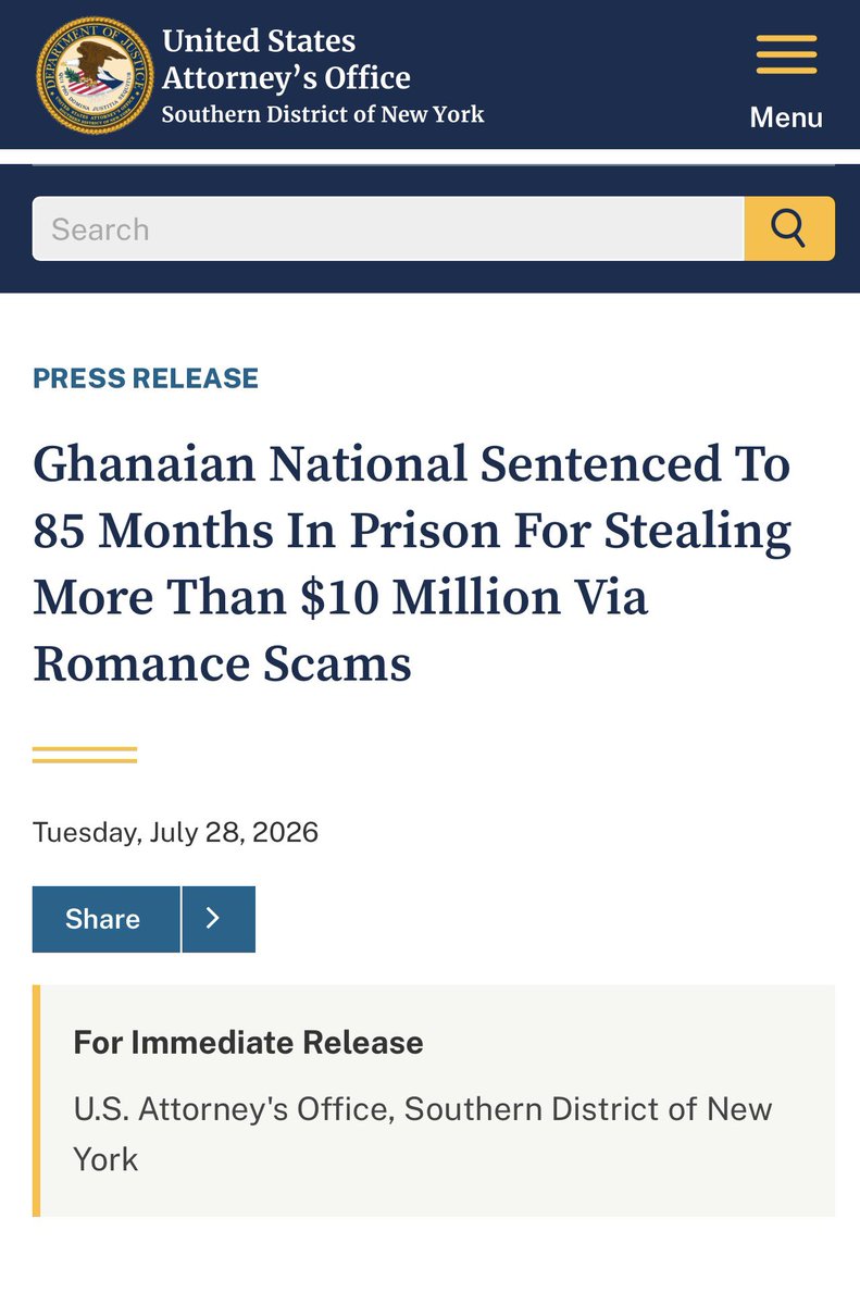 SIKAOFFICIAL1's tweet photo. Accra bigboy, Derrick Van Yeboah has been sentenced to 85 months (7 years and one month) in a U.S. federal prison after pleading guilty to conspiracy to commit wire fraud for his role in an international romance scam and business email compromise syndicate.

According to U.S. prosecutors, Van Yeboah was part of a Ghana-based criminal network that stole more than US$100 million from victims across the United States. He personally posed as fake romantic partners to deceive victims into transferring millions of dollars and was held responsible for more than US$10 million in losses.

In addition to the prison sentence, he was ordered to serve two years of supervised release and forfeit over $10.1 Million.

[📸: U.S. Attorney's Office, Southern District of New York]