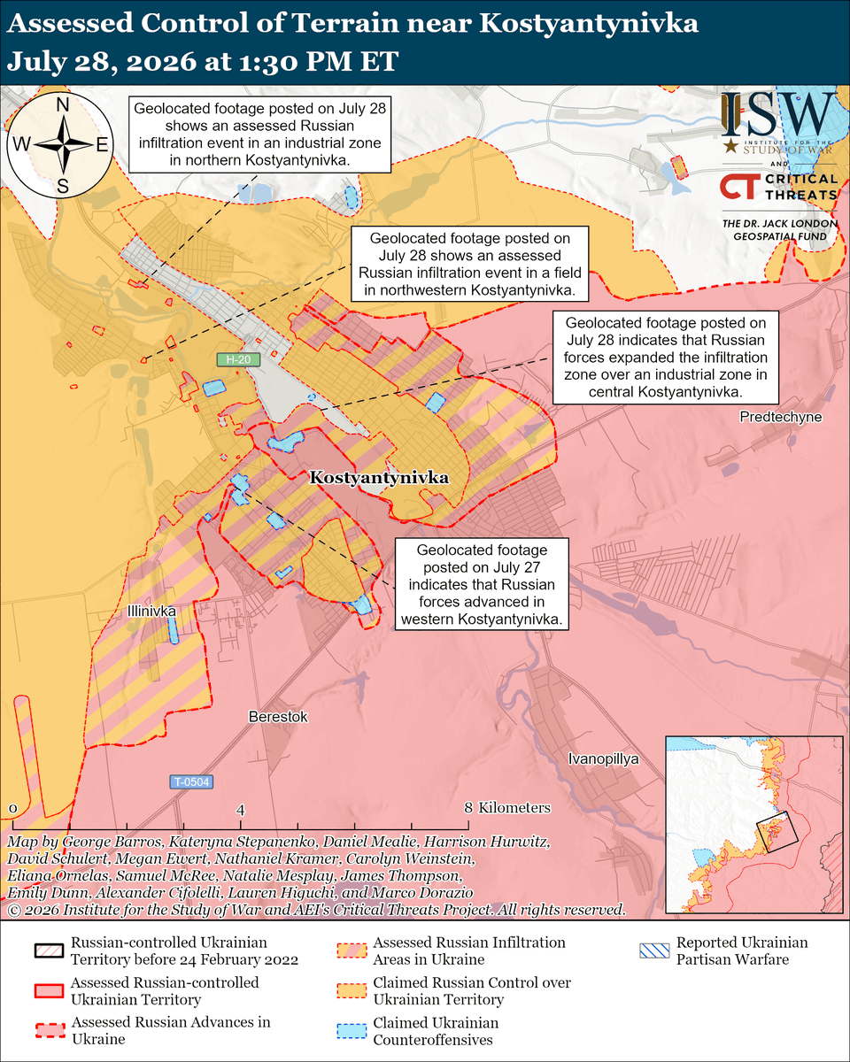 TheStudyofWar's tweet photo. Russian Offensive Campaign Assessment, July 28, 2026: Ukrainian President Volodymyr Zelensky met with US President Donald Trump in Washington, DC, on July 28 to discuss strengthening Ukrainian air defenses and diplomatic efforts to end Russia’s war against Ukraine.

More Key Takeaways:
Russian President Vladimir Putin is trying to present himself as well informed about the battlefield situation in Ukraine, as Russian milbloggers continue to complain about Russian commanders lying about Russian advances.

Kremlin officials are reportedly considering a wide range of options to support a potential mobilization in the future, as Putin likely continues to weigh his options.

Ukrainian forces continued their long-range strike campaign against Russian logistics and industrial infrastructure from July 27 to 28.

Russian forces launched 131 drones against Ukraine overnight on July 27 to 28.

Ukrainian forces recently advanced in the Hulyaipole direction.

Russian forces recently advanced in Kostyantynivka. (1/2)