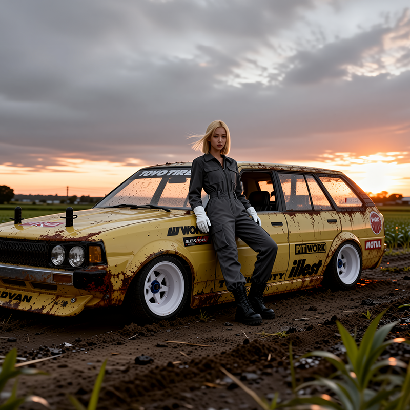 jason9394's tweet photo. Golden hour glow cutting across the muddy rural fields. 🌅🌾#ToyotaKE70 #KE70Wagon #CorollaKE70 #TRD #ToyotaCorolla #RustBucket #WorkWheels #AI #RC #Tamiya #TT02 #Toyota #KE70 #PandoraRC https://t.co/sAX185leGP
