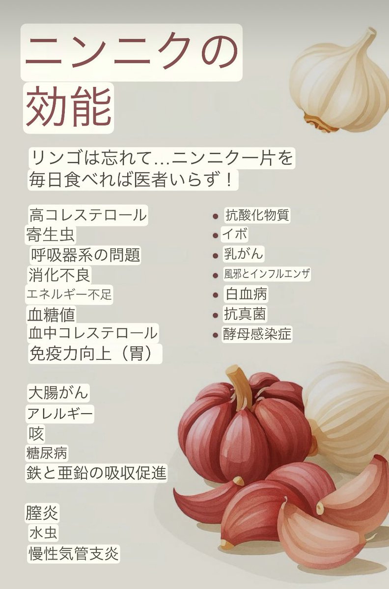 macaronmacaro15's tweet photo. 🧄ニンニクの健康効果👇😋✨

★免疫力アップ🛡️
★抗酸化作用✨
★血糖値管理をサポート🩸
★コレステロール対策❤️
★血圧維持を応援💪
★風邪予防に役立つ可能性🤧
★腸内環境をサポート🌿
★鉄・亜鉛の吸収をサポート🥬
★心血管の健康維持❤️
★がん予防との関連も研究中🧪 https://t.co/bVaBGc7wzx