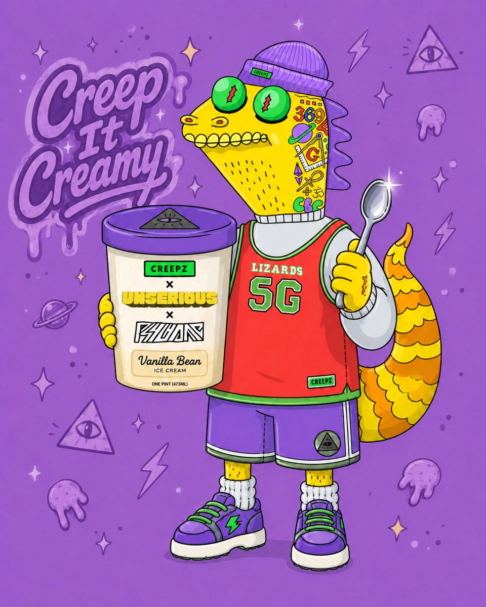 hertz369's tweet photo. historians will divide the @creepz  project into two ice cream eras: vanilla essence era (four years, same tub) and vanilla bean era (new, now contains actual bean). if you held through the essence era you don't need a pep talk. you ARE the pep talk. cold blooded 💚🕯️🦎 https://t.co/82mFG7LPnR