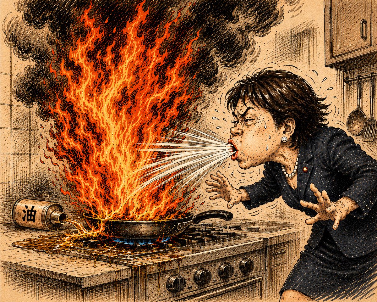 PunkFujii's tweet photo. 消費税減税の風刺画

油（物価高）が漏れて火事になり、高市総理が息（消費税減税）を吹きかけ、逆に酸素を送り余計に炎（インフレ円安金利上昇）が燃え上がってしまい、最終的には大火事（物価高でスタグフレーション）になり取り返しのつかないことになる。 https://t.co/Ort2xDQ9MN