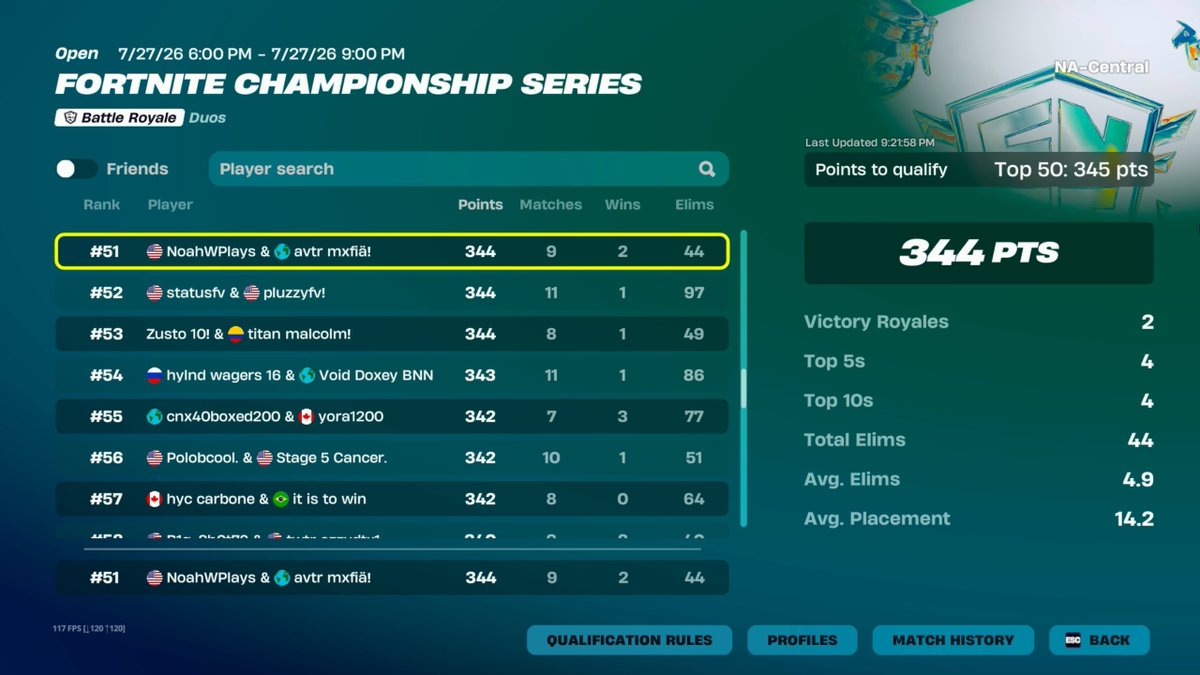 NoahWPlays's tweet photo. im still 51st on LCQ opens leaderboard but my friend got subject apprehended after ONLY reporting "Jaxonfvǃ", who got 7th in opens, him &amp; his teammate "tomubtw" are the only team that missed queue first 2 LCQ finals matches, can we please update the leaderboard @FNCompetitive 🙏 https://t.co/gL3o7hE4MK