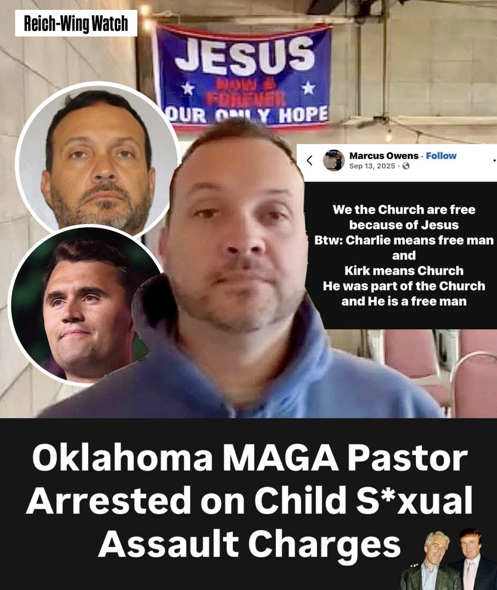 ReichWingWatch's tweet photo. 🚨MAGA pastor Marcus Owens of Sand Springs, Oklahoma — who warned followers not to be a “THEY” or “THEM” in the “last days” was arrested June 27 on a child s*xual assault allegation. 

A victim came forward in July alleging assault. Case now goes to Muscogee Nation/FBI (tribal jurisdiction). 

He’s had church access to kids 15+ yrs.

His Facebook is filled with “prophesy” posts about Trump and Netanyahu bring about the end times — in a celebratory light and posts mourning Charlie Kirk.