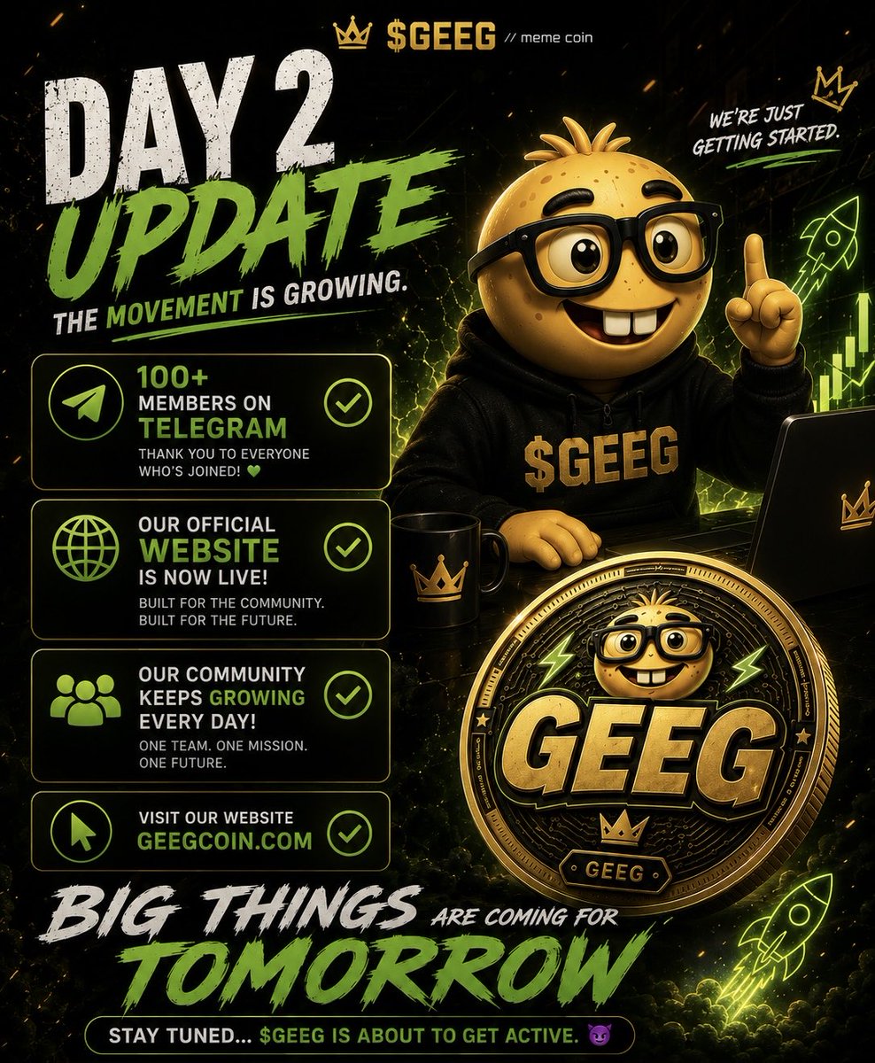 GeegCoin's tweet photo. Day 2 update for $GEEG 🚀

✅ Surpassed 100+ members on Telegram.
🌐 Our official website is now live.
🔥 The community keeps growing every day.

Big things are coming tomorrow. We’ve been building behind the scenes, and we’re just getting started.

Stay tuned. $GEEG is about to get active. 😈🚀📈