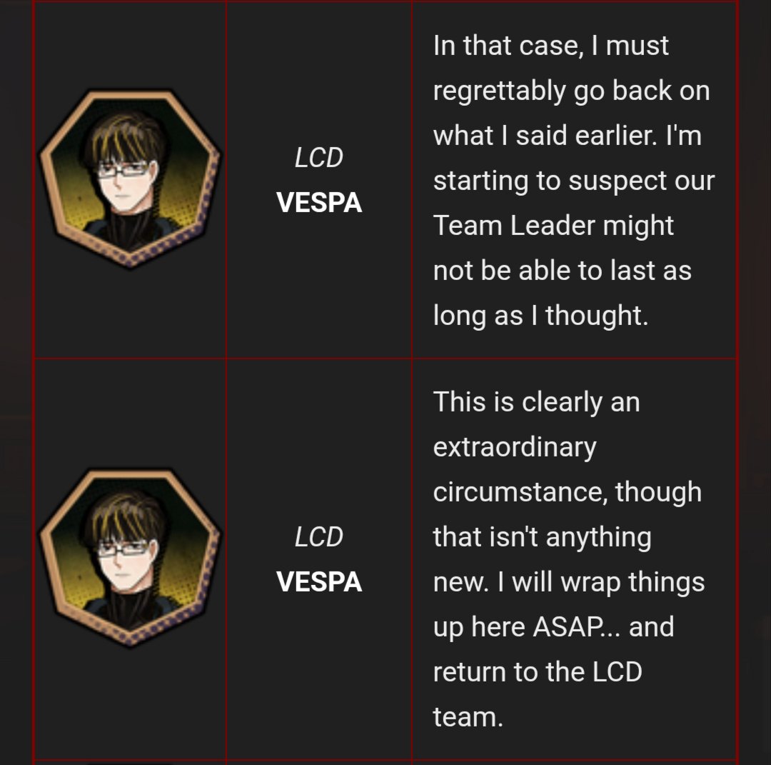 MQjust14's tweet photo. @totallynotpriv @unrealliqqkor @zani_is_peak @KIRAEATSODA Vespa after getting a confirmation from Ryoshu states that the LCD team wouldn't be able to last very long against someone on the level of sora(who didn't go all out yet at the moment)

Here's the dialogue https://t.co/Tzoz92DEry