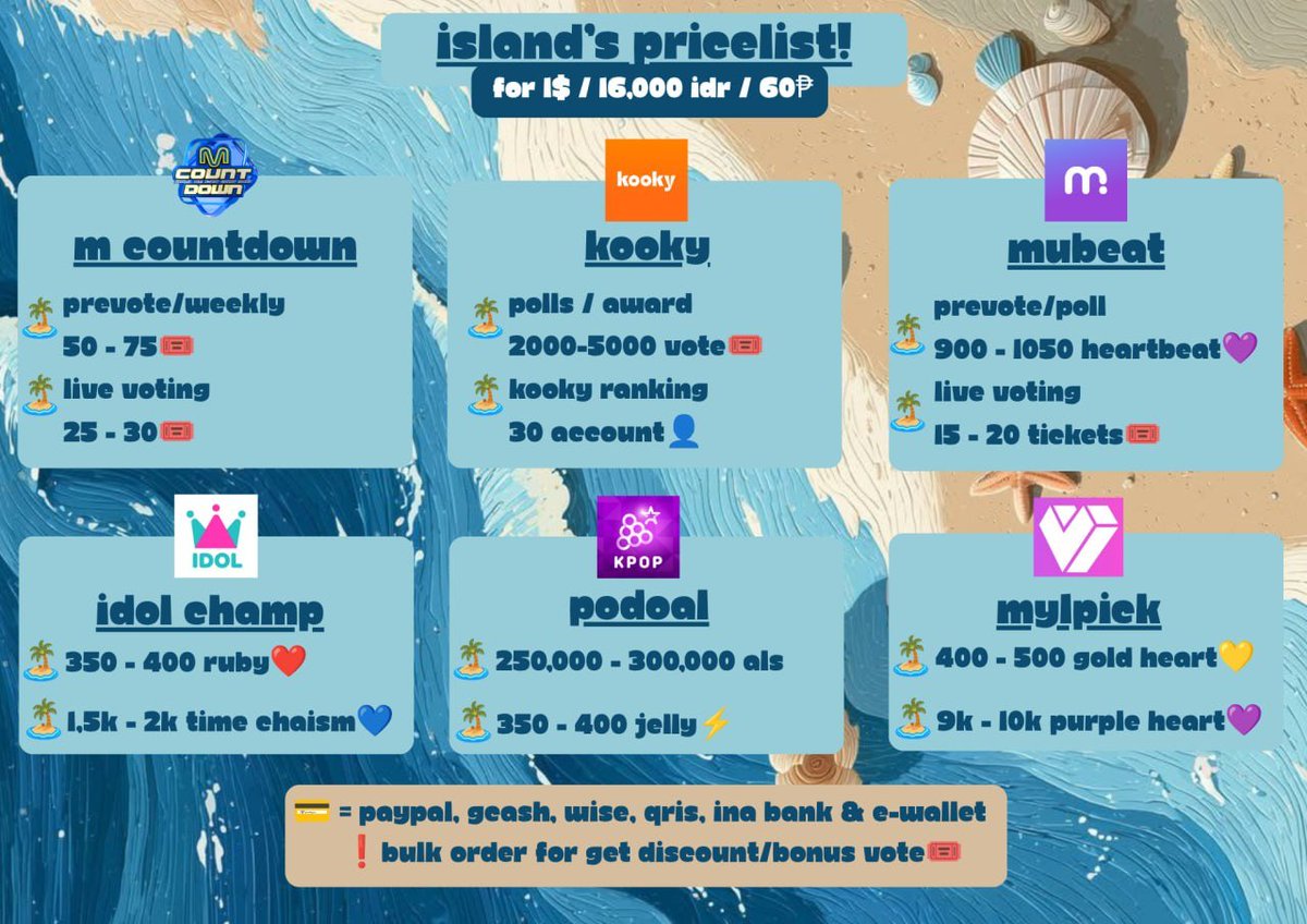 kpopvoteisland_'s tweet photo. 🏝️WANT TO SALE / RESERVATION🏝️

ᯓ➤ MNET+
ᯓ➤ KOOKY
ᯓ➤ MUBEAT
ᯓ➤ MUNIVERSE
ᯓ➤ PODOAL
ᯓ➤ MY1PICK
ᯓ➤ UPICK
ᯓ➤ DUCKAD
ᯓ➤ WHOSFAN
ᯓ➤ HIGHER
ᯓ➤ FANCAST
ᯓ➤ LINC
ᯓ➤ IDOL CHAMP
ᯓ➤ CELEB CHAMP
ᯓ➤ STARDOM

❗BULK ORDER TO GET THE SPECIAL RATE & BONUS📢

t. kpop vote wts wtb comeback cb jual beli music show awards prevote live vote fans stage pick stage mushow korean idol buy sell