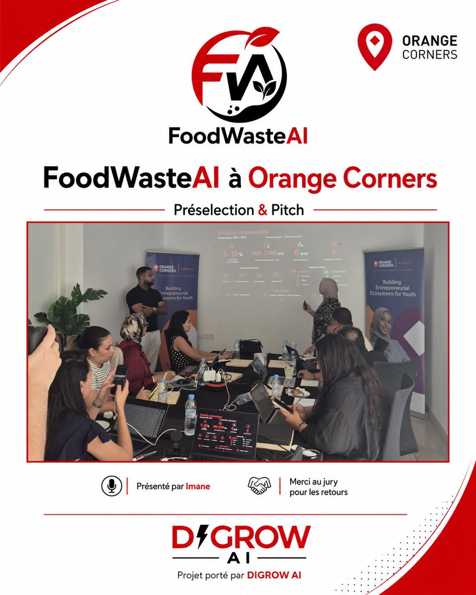 DIGROWGroup's tweet photo. Aujourd’hui, FoodWasteAI, porté par l’équipe DIGROW AI, a été présenté par Imane devant le jury du programme @orangecornersma.

Une expérience enrichissante, riche en échanges et en retours constructifs. Merci au jury pour son écoute et ses précieux feedbacks. https://t.co/sTrYFIz3vu