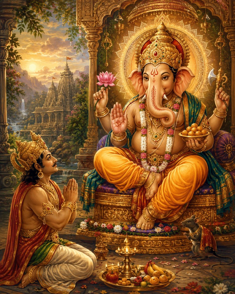ddbhaiya's tweet photo. 🪷 🌱 🪷 🌱 🪷 🌱 🪷 🌱🪷🌱🪷🌱🪷
🌱"वक्र तुंड महाकाय, सूर्य कोटि समप्रभ:।🌱
🌱निर्विघ्नं कुरु मे देव,शुभ कार्येषु सर्वदा॥"🌱 
🪷 🌱 🪷🌱 🪷 🌱 🪷🌱 🪷🌱🪷🌱🪷

अहंकृतं श्रीगणेशस्तोत्रम् 

॥ श्रीगणेशाय नमः ॥
अहमुवाच ।

नमस्ते गणनाथाय हेरम्बाय परात्मने ।
सर्वेभ्यो वरदात्रे ते वरदाय नमो नमः ॥ १॥

ब्रह्मसु ब्रह्मनाथाय निजेषु स्वस्वरूपिणे ।
साङ्ख्याय ते परत उत्थानस्थेषु नमो नमः ॥ २॥

ज्ञानेषु बोधरूपाय सोऽहन्देहिषु ते नमः ।
देहेषु बिन्दुरूपाय विघ्नेशाय नमो नमः ॥ ३॥

स्रष्टृषु ब्रह्मदेवाय विष्णवे पालकेषु ते ।
संहर्तृषु शिवायैवैकदन्ताय नमो नमः ॥ ४॥

प्रकाशकेषु सूर्याय मोहकेषु च शक्तये ।
देवेषु देवराजाय विनायकाय ते नमः ॥ ५॥

अग्नये ते दाहकेषु यमाय नीतिधारिणाम् ।
रक्षःसु नैरृतायैव शूर्पकर्णाय ते नमः ॥ ६॥

वायवे बलयुक्तेषु निधिषु धनपाय ते ।
रुद्रेषु कालरूपाय नमो लम्बोदराय वै ॥ ७॥

प्रजापतिषु दक्षाय नागेशे शेषरूपिणे ।
अनन्तविभवायैव किं ते स्तौमि नमो नमः ॥ ८॥

यं स्तोतुं न समर्थाश्च वेदाद्या योगिनोऽमलाः ।
तं किं स्तवीमि विघ्नेशमल्पबुद्धिप्रधारकः ॥ ९॥

धन्योऽहं कृतकृत्योऽहं सफलो मे भवः पिता ।
माता कुलं तथा ज्ञानं त्वदङ्घ्रियुगदर्शनात् ॥ १०॥

एवमुक्त्वा गणेशानं प्रणनाम महासुरः ।
हर्षेण महता युक्तस्तमुवाच गजाननः ॥ ११॥

(फलश्रुतिः)
श्रीगणेश उवाच ।
त्वया कृतमिदं स्तोत्रं मदीयं सर्वदं भवेत् ।
पठते श‍ृण्वते चैव मयि भावप्रदायकम् ॥ १२॥

पुत्रपौत्रादिकं सौख्यं भुक्तिं मुक्तिं लभेन्नरः ।
अस्य पठनमात्रेण मद्भक्तिं भ्रमनाशिनीम् ॥ १३॥

वरान् वृणु महाभाग मनेप्सितान् ददाम्यहम् ।
तपसा स्तोत्रमुख्येन तुष्टोऽहं ते महादरात् ॥ १४॥

इति अहंकृतं श्रीगणेशस्तोत्रं सम्पूर्णम् ॥
- ॥ मुद्गलपुराणं अष्टमः खण्डः । अध्यायः २ । ८.२ १-१४॥ 
❣️
🪷❤️🪷❤️🪷💙🪷🩵🪷❤️
🪷🧡🪷🩶🪷🤍🪷💛🪷
🙏🙏
ॐ श्री गणेशाय नमः 
ॐ श्रीं ह्रीं क्लीं ग्लौं गं गणपतये ऋद्धि सिद्धि सहिताय शुभ लाभ प्रदाय नमः॥
हर हर महादेव 
जय माता दी
🌱🪷🙏🙏