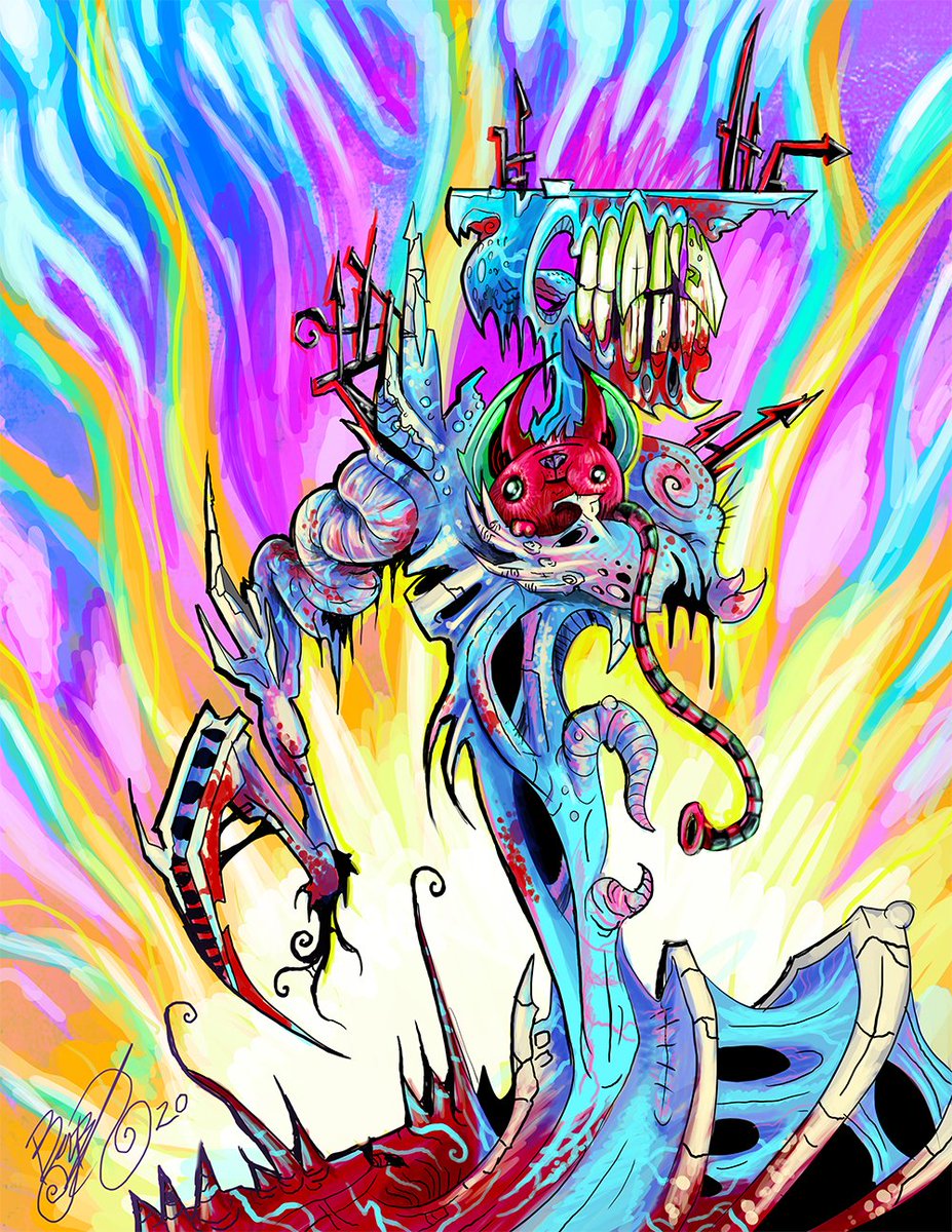 Bunny_Bennett's tweet photo. The newest print available in my recently re-launched online store is a colorful surrealism piece I call "Frien." It's about me and my cat during the pandemic, and has a special place in my heart

Purchase an autographed copy of it or other spooky artworks from my website here: https://t.co/d9dqH7N9fd