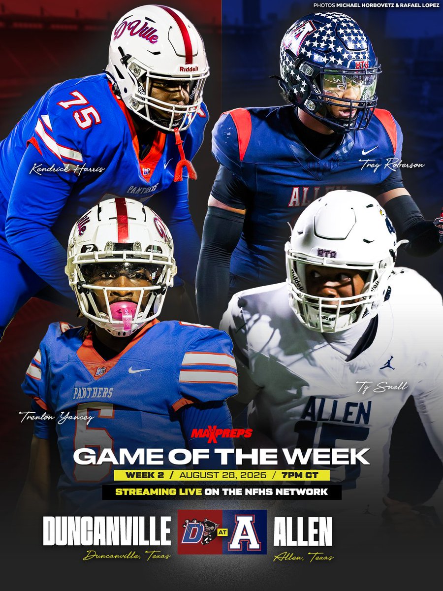 MaxPreps's tweet photo. Texas powers collide in Week 2 of the MaxPreps Game of the Week as Duncanville visits Allen in a top-20 showdown and a rematch of last year's state semifinal. 🔥

Watch live on @nfhsnetwork. 💻 

Full story ⬇️
https://t.co/FshcAwsxKO https://t.co/S1FYfLZFYd