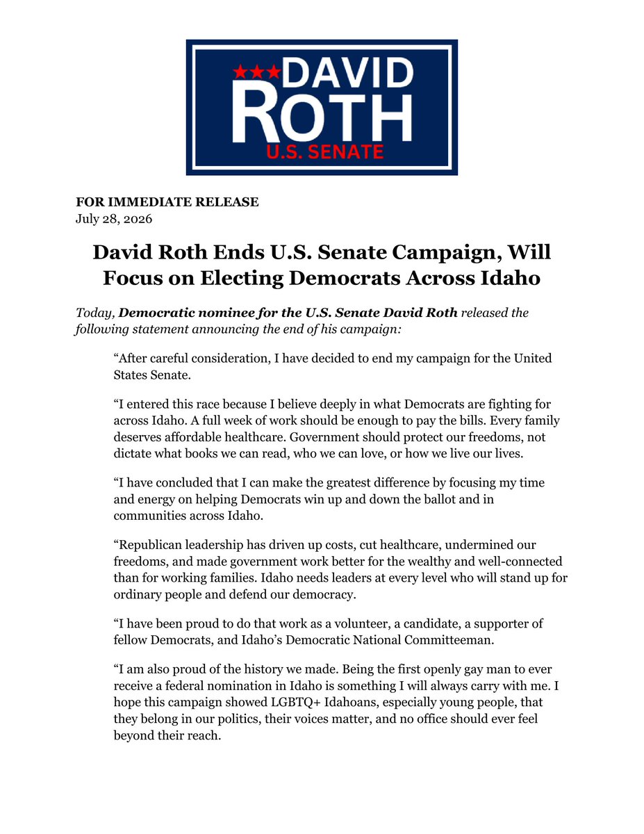 rothforIdaho's tweet photo. After much consideration and many conversations with my family and my supporters, I have made the difficult decision to exit this race and focus where I think I can have a larger impact.  Thank you to all of my strong supporters, donors, and volunteers.  I appreciate you all. https://t.co/ATEe8qtgYQ