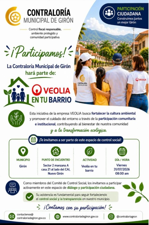 ContraloriaGrn's tweet photo. La Contraloría Municipal de Girón se une a la iniciativa "Veolia en tu Barrio" y te invitamos a ser parte activa del control social.
#Girón #ContraloríaGirón #ControlSocial #ParticipaciónCiudadana #VeoliaEnTuBarrio #CulturaAmbiental https://t.co/jKD99JHtmN
