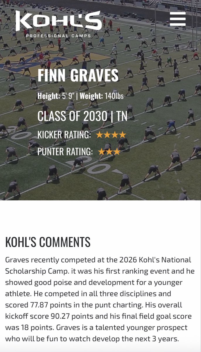 finnrgraves's tweet photo. After Kohls NSC, thankful to be rated a 4 star kicker in the Class of 2030
@JamesWilhoit25 
@KohlsKicking https://t.co/nzbazvaNPi