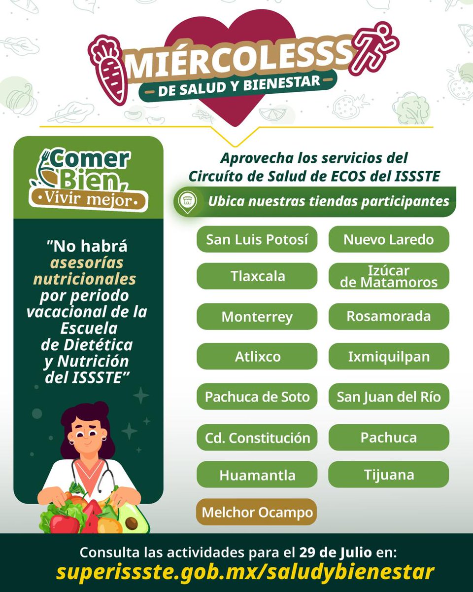 TUSUPERISSSTE's tweet photo. 💚 Este 29 de julio disfruta nuestro #MiércolesDeSaludYBienestar en tiendas #SUPERISSSTE.

Aprovecha los servicios gratuitos de ECOS del @ISSSTE_mx y descuentos en productos para cuidar tu salud.

📍Consulta las tiendas participantes:
 https://t.co/oTIaYKPEIh https://t.co/jUt5QbkvVP