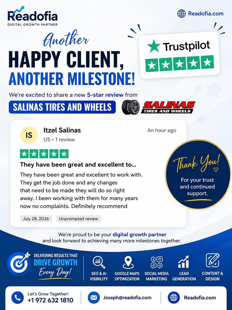 ReadoFia's tweet photo. ⭐ Another Happy Client. Another Milestone.

We’re proud to receive another 5-star Trustpilot review from our long-term client, Salinas Tires & Wheels.

Building lasting client relationships is more valuable than any metric. Thank you for trusting Readofia over the years and allowing us to support your digital growth journey.

At Readofia, we don’t just deliver services—we build long-term partnerships that drive measurable business growth through SEO, AI Visibility (AEO), Google Maps Optimization, Lead Generation, Social Media Marketing, Website Development, and Content Strategy.

Thank you, Salinas Tires & Wheels, for your continued trust and recommendation. Here’s to many more milestones together!

🌐 https://t.co/JAWCgZh958
📧 Joseph@Readofia.com
📞 +1 (972) 632-1810

#Trustpilot #ClientSuccess #CustomerSuccess #SEO #AIVisibility #LocalSEO #GoogleBusinessProfile #LeadGeneration #DigitalMarketing #Readofia