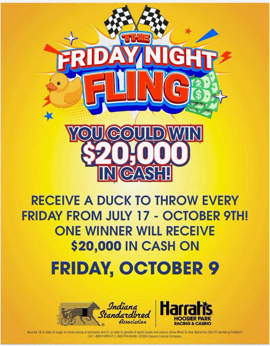 IndianaHarness's tweet photo. Reminder! Join again this Friday for @HoosierPark "The Friday Night Fling"!

Starting at 5:30 p.m. by the winner's circle, you can receive your first free rubber duck to toss from the rail at the moving car on the track after race 6 for an entry to win $20,000 in cash on October 9th!

#RaceLikeAHoosier