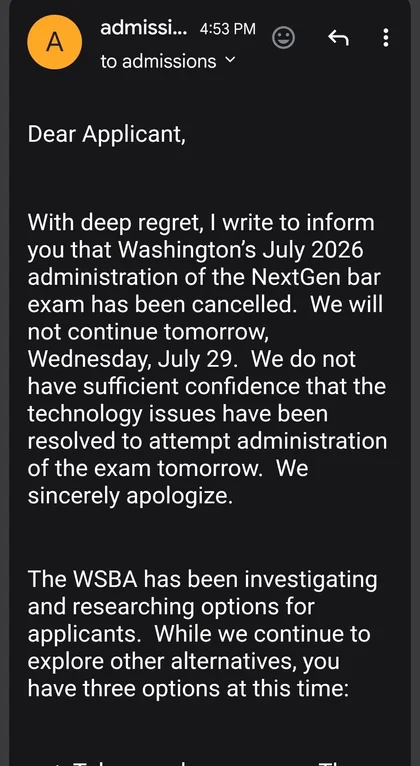 SeanNewsNow's tweet photo. Looks like the state of Washington cancelled the Bar Exam entirely! https://t.co/Bh4DWgQDql