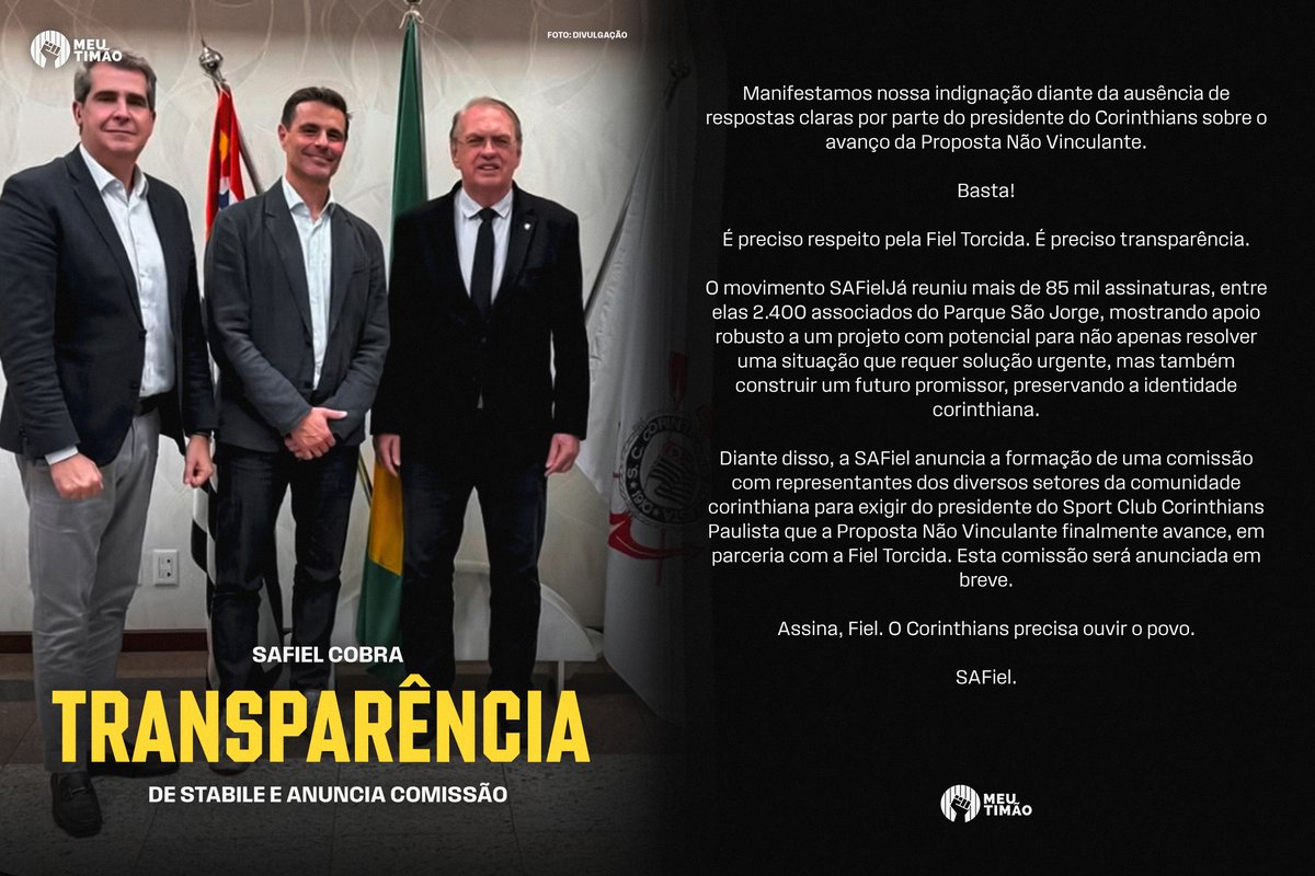 MeuTimao's tweet photo. 🗣️ | SAFiel cobra transparência de Stabile e anuncia comissão para destravar proposta no Corinthians.

A SAFiel divulgou uma nota oficial nesta terça-feira manifestando forte indignação diante da estagnação do projeto não vinculante enviado à cúpula do Corinthians. A manifestação ocorre após a reunião do Conselho de Orientação (Cori), realizada na última segunda, terminar sem qualquer análise ou debate sobre a pauta.

A cobrança do grupo é direcionada ao presidente alvinegro, Osmar Stabile. Em contato telefônico no último dia 23, motivado por questionamentos da Gaviões da Fiel, o mandatário havia se comprometido, segundo divulgado pelo projeto, a buscar o aval do órgão na reunião do dia 27 para assinar o memorando.

Para destravar a tramitação, os organizadores anunciaram a criação de uma comissão formada por representantes de diversos setores da comunidade corinthiana. A intenção é pressionar a alta cume alvinegra por posicionamentos oficiais e celeridade no processo.

🔴 Apoio: @KTO_brasil - Jogue com responsabilidade (+18)