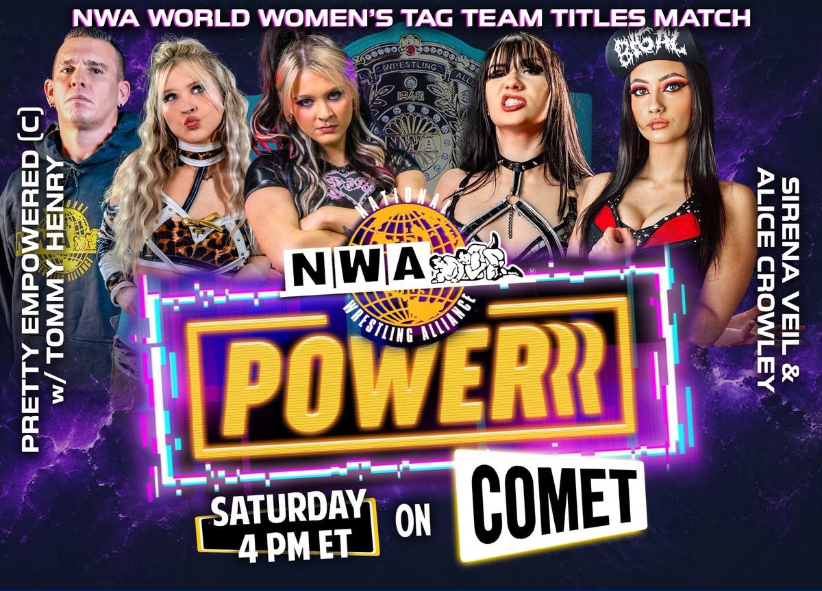 nwa's tweet photo. 𝙏𝙃𝙄𝙎 𝙎𝘼𝙏𝙐𝙍𝘿𝘼𝙔 𝙊𝙉 𝙋𝙊𝙒𝙀𝙍𝙍𝙍 
𝙃𝙖𝙧𝙙 𝙏𝙞𝙢𝙚𝙨 6 kicks off with three championship matches on an all-new episode of 𝙉𝙒𝘼 𝙋𝙊𝙒𝙀𝙍𝙍𝙍 on Comet, this Saturday at 4PM ET.

⚡️𝙈𝙖𝙞𝙣 𝙀𝙫𝙚𝙣𝙩⚡️
NWA World Women’s Tag Champions Pretty Empowered want payback for @SirenaVeil & @black_dahlia47’s sneak attack two weeks ago! With their titles on the line, @KenziePaige_1 & @kyliealexxa must overcome the devious duo… 𝘢𝘯𝘥 Veil’s debuting partner @AliceCrowley19. 

⚡️ The F.O.C.’s “Submission Suplex Machine” @sladewrestler with @TheAronHaddad defends his NWA World Jr. Heavyweight Title against “The Face” Damian Fenrir @Invinciblewill7.

⚡️ NWA U.S. Tag Team Champions The SlimeBallz @slimeballsage & @SlimetimeTommy face recently-crowned No. 1 contenders The Hardway @vetjackvaughn & Dalton McKenzie!

⚡️ Future star @RichardAdoniss goes one-on-one with @alexhammerstone!

𝙉𝙒𝘼 𝙋𝙊𝙒𝙀𝙍𝙍𝙍 airs FREE every Saturday at 4PM ET/3 PM CT/4PM PT on @WatchComet and again at midnight. 

Find Comet in your area and watch 𝙉𝙒𝘼 𝙋𝙊𝙒𝙀𝙍𝙍𝙍 live from anywhere in your browser: https://t.co/I3shpPXauQ

Or stream Comet through YouTube TV, Hulu Live TV, Sling TV, or FuboTV.

You can also watch 𝙉𝙒𝘼 𝙋𝙊𝙒𝙀𝙍𝙍𝙍 on your own schedule FREE on @Tubi, with new episodes added weekly to an ever-growing library of NWA action available anytime.