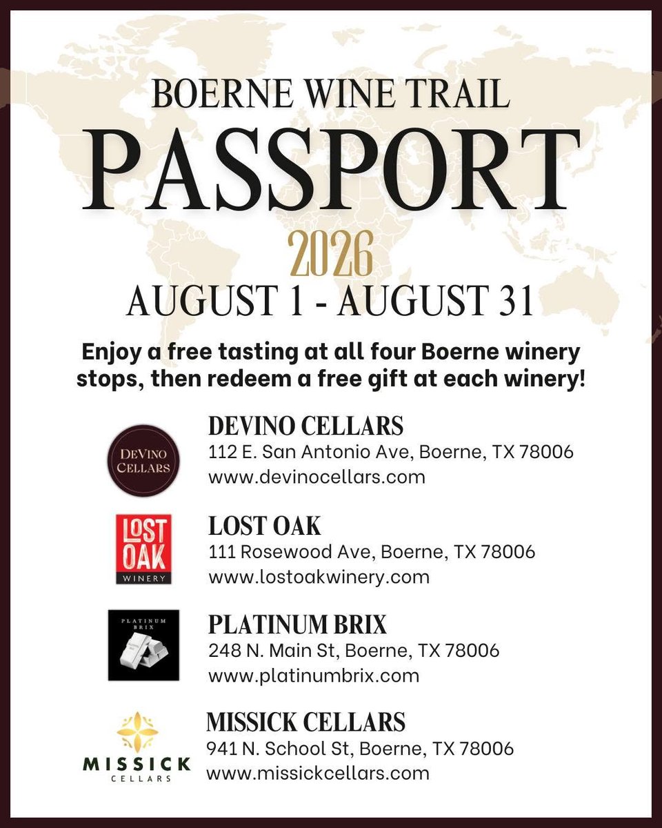 VisitBoerne's tweet photo. Raise a glass to August! 🍷

The Boerne Wine Passport is back, featuring four wineries, free tastings, exclusive offers and gifts, plus plenty of Texas Hill Country pours to discover. https://t.co/xuLdd5UFtd